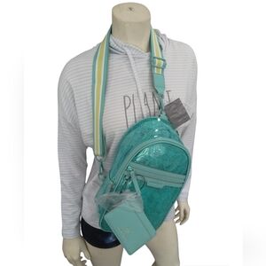 NEW Nanette Lepore 2 Piece Set Clear Aquatic Blue Logo Sling W/ Card case